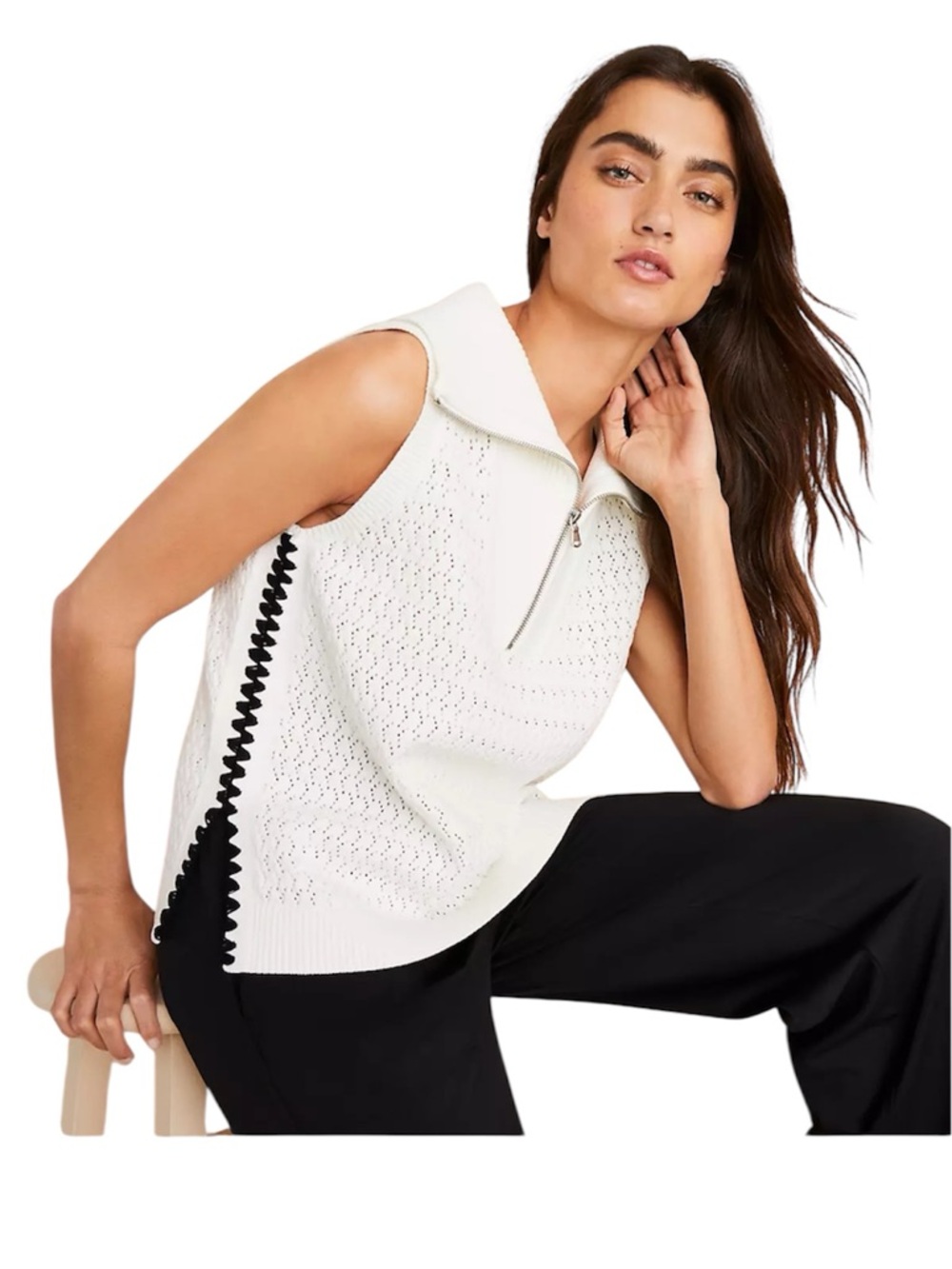 Lou & Grey White Sleeveless Eyelet Knit Zip-Front Top with Black Trim